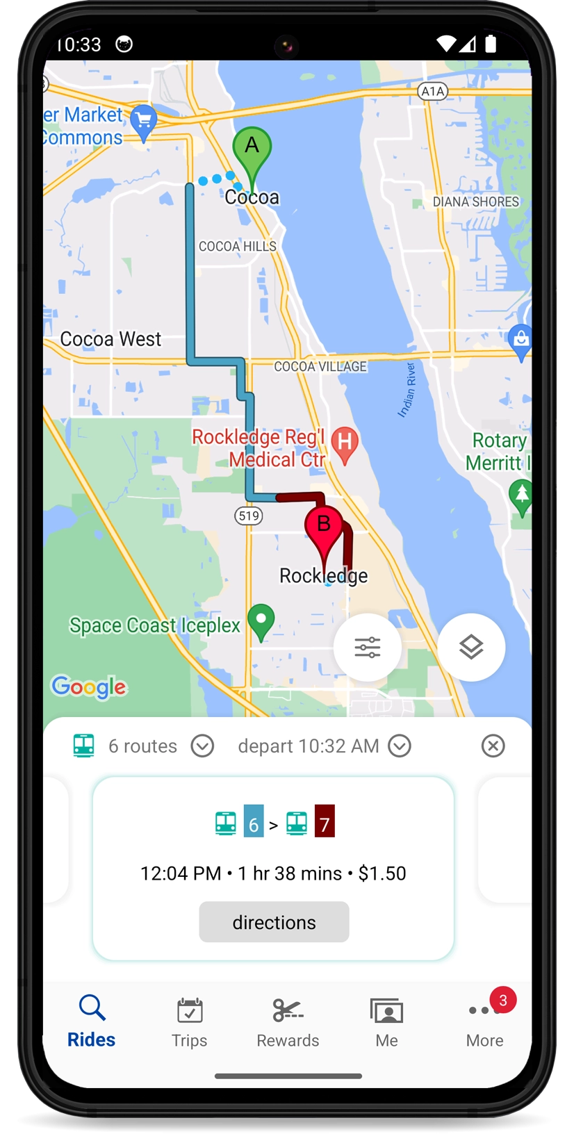 Transit route on Android app