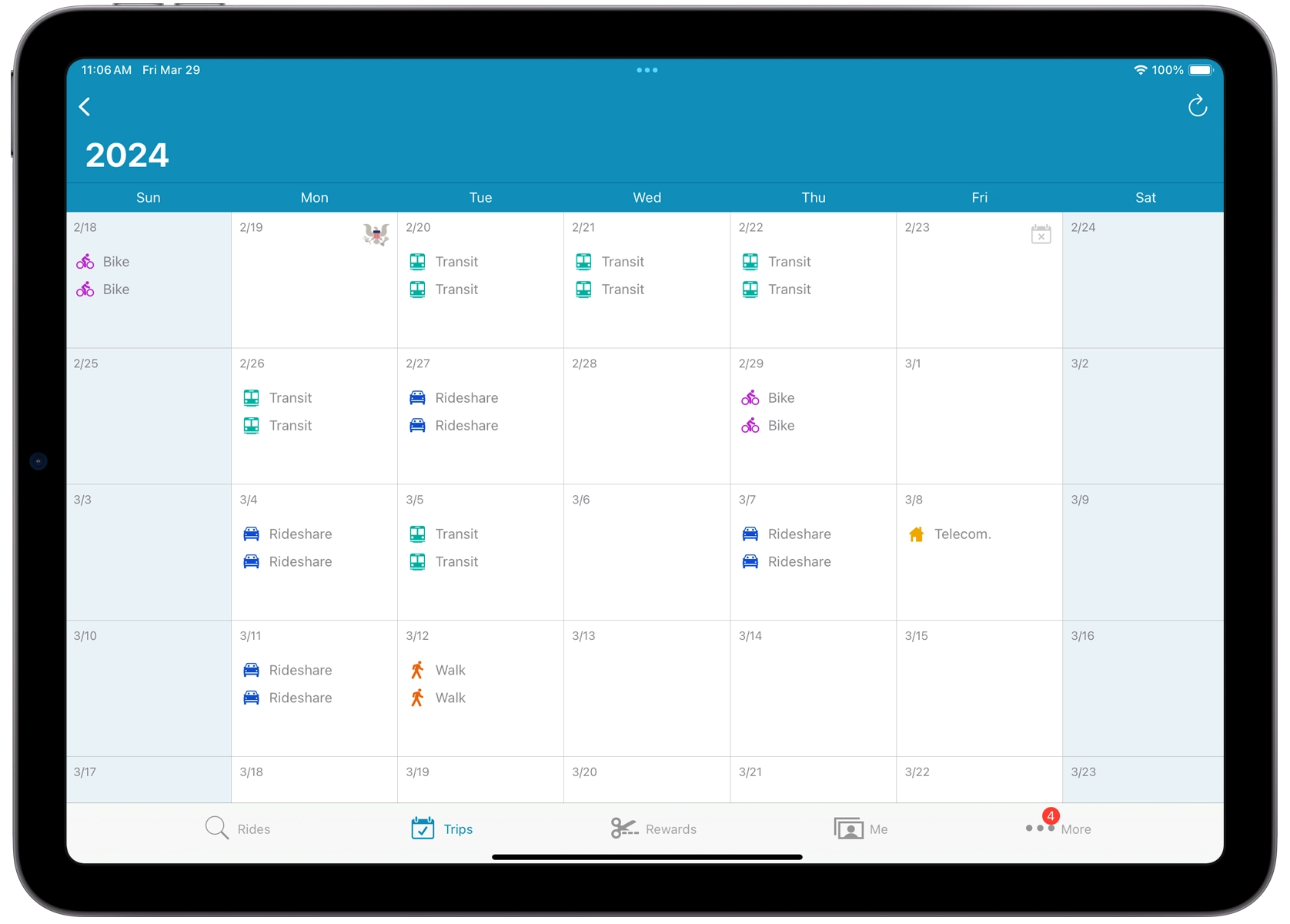Trip calendar on iPad app