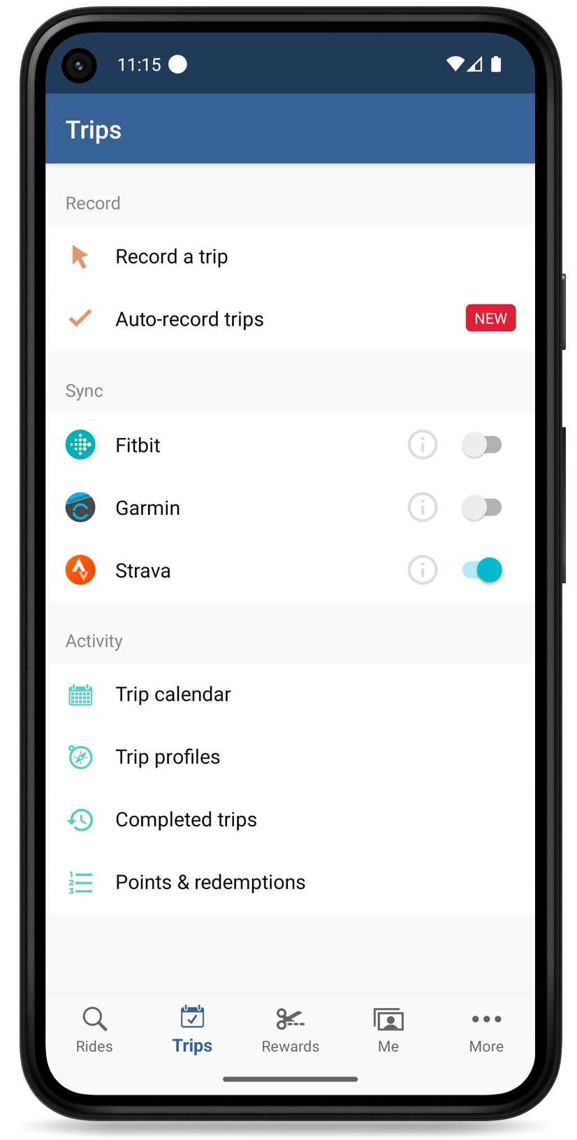 Trip tracking options on Android app