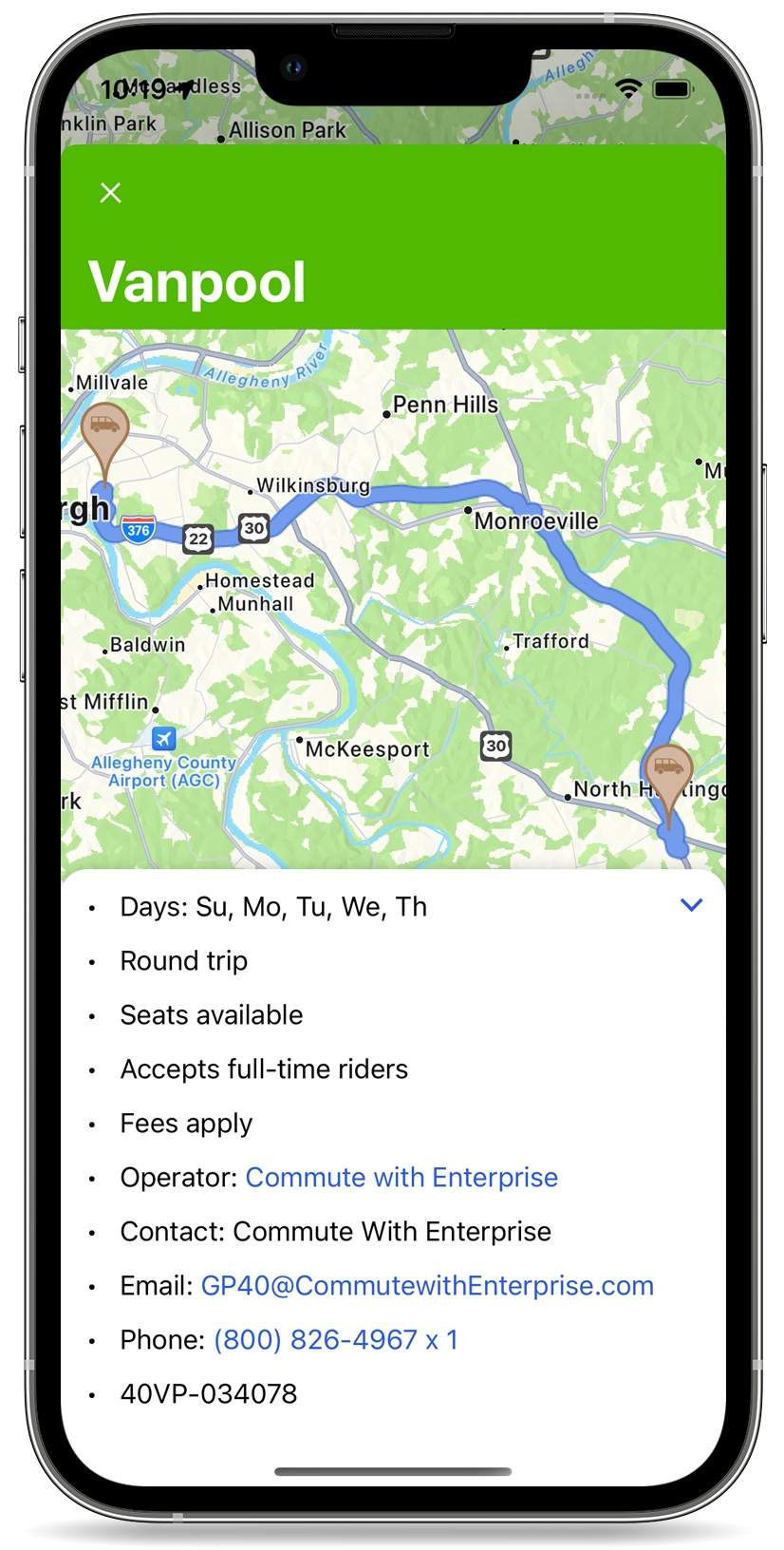Vanpool information on iPhone app
